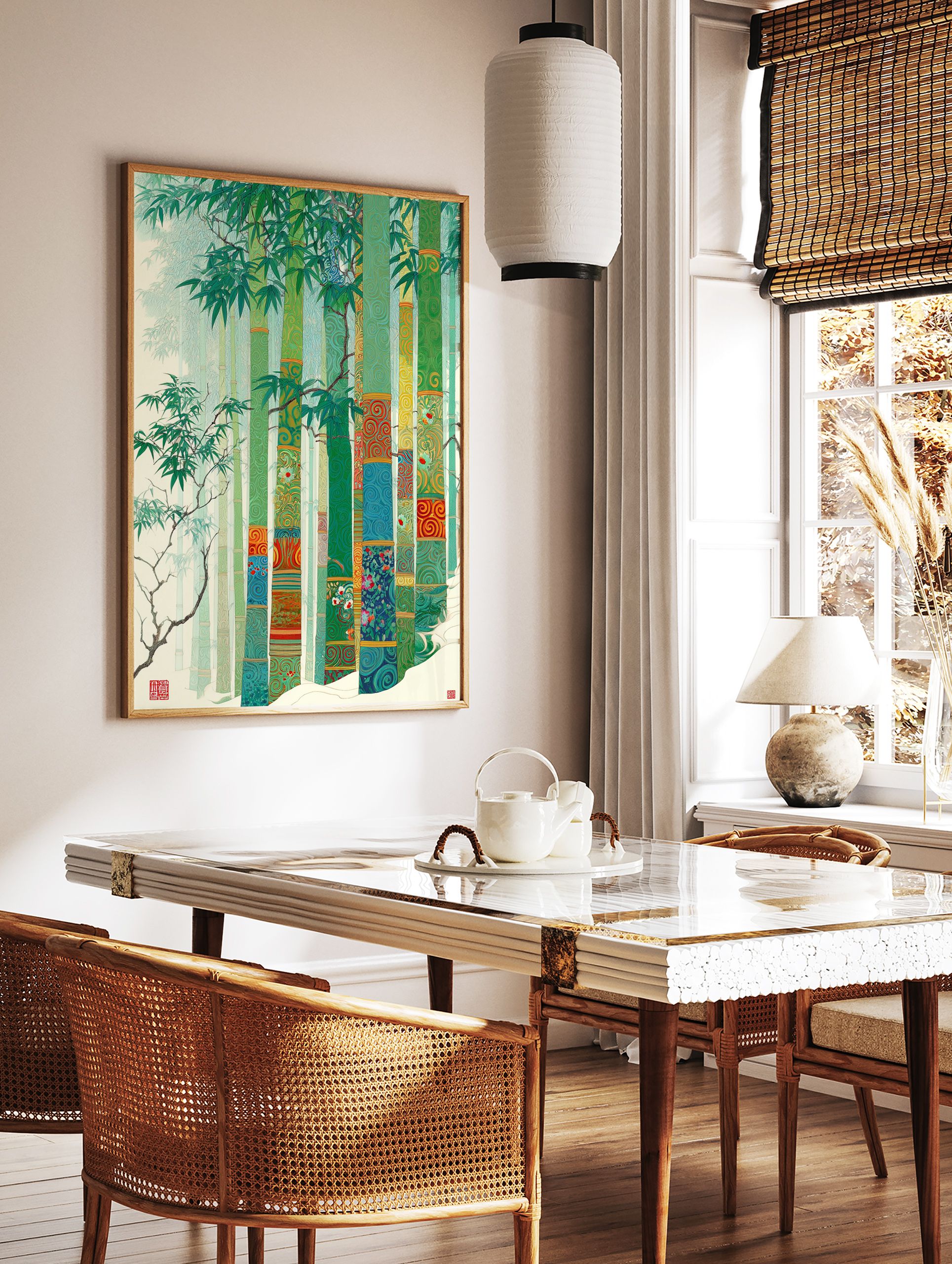 Stylized bamboo wall art print with vibrant green stalks, colorful patterns, and lush leaves in an Asian art style. - Image 3