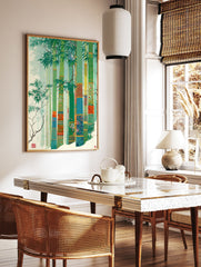 Stylized bamboo wall art print with vibrant green stalks, colorful patterns, and lush leaves in an Asian art style. - Image 3