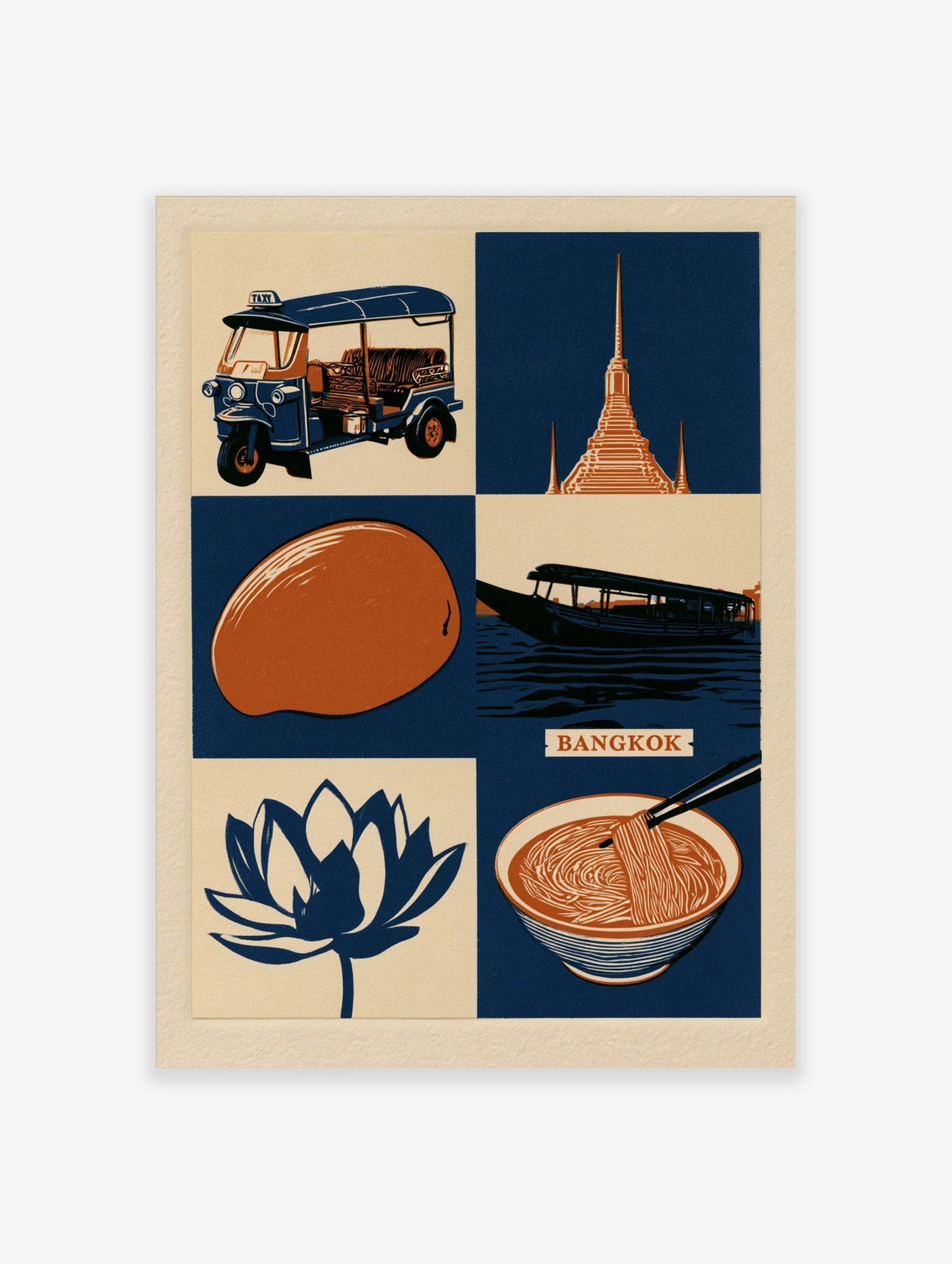 Illustrative Bangkok travel poster featuring a tuk-tuk, temple, lotus, and food icons in navy, orange, and cream colours