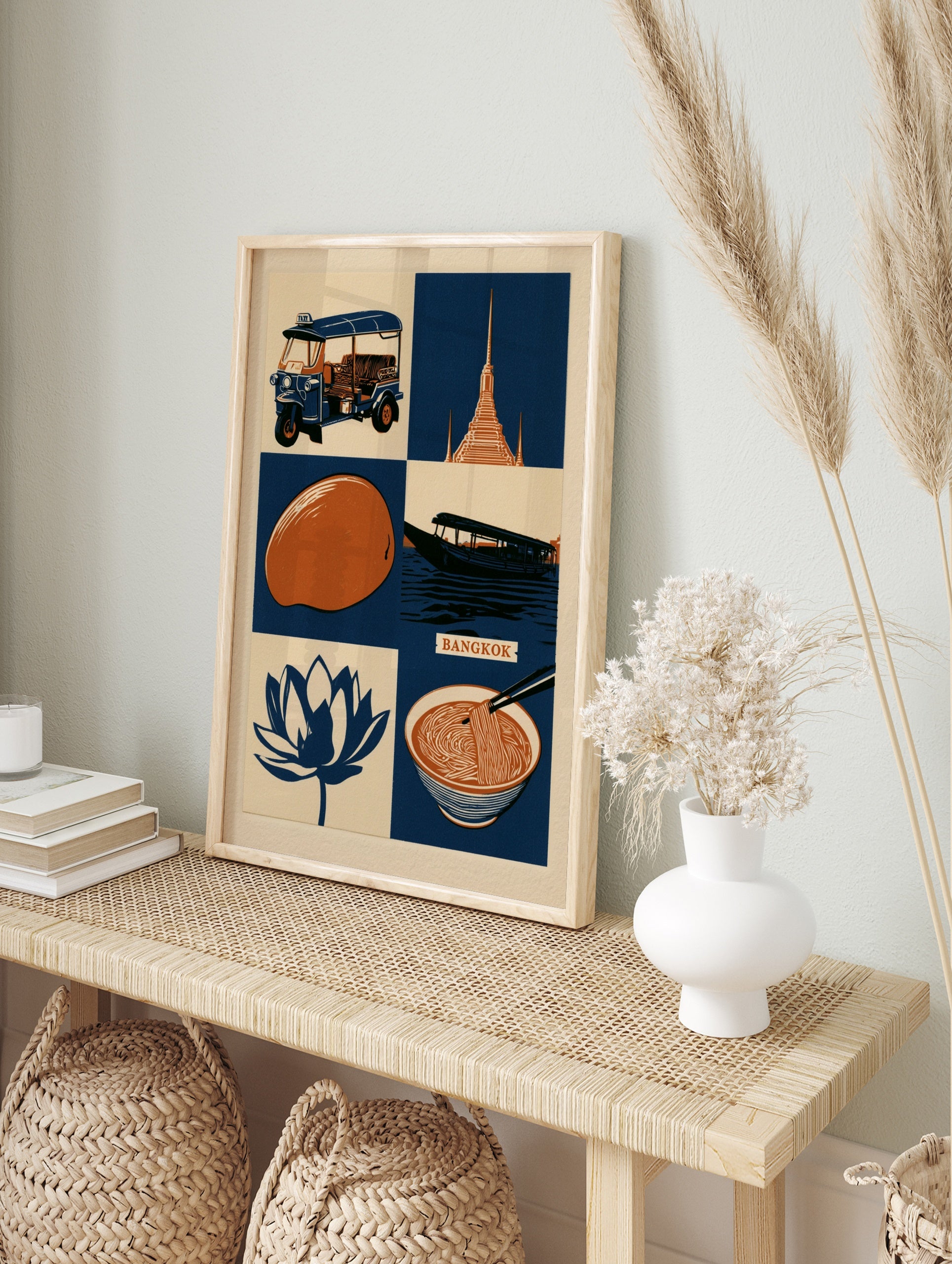 Illustrative Bangkok travel poster featuring a tuk-tuk, temple, lotus, and food icons in, in an alternate framed mockup