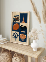 Illustrative Bangkok travel poster featuring a tuk-tuk, temple, lotus, and food icons in, in an alternate framed mockup