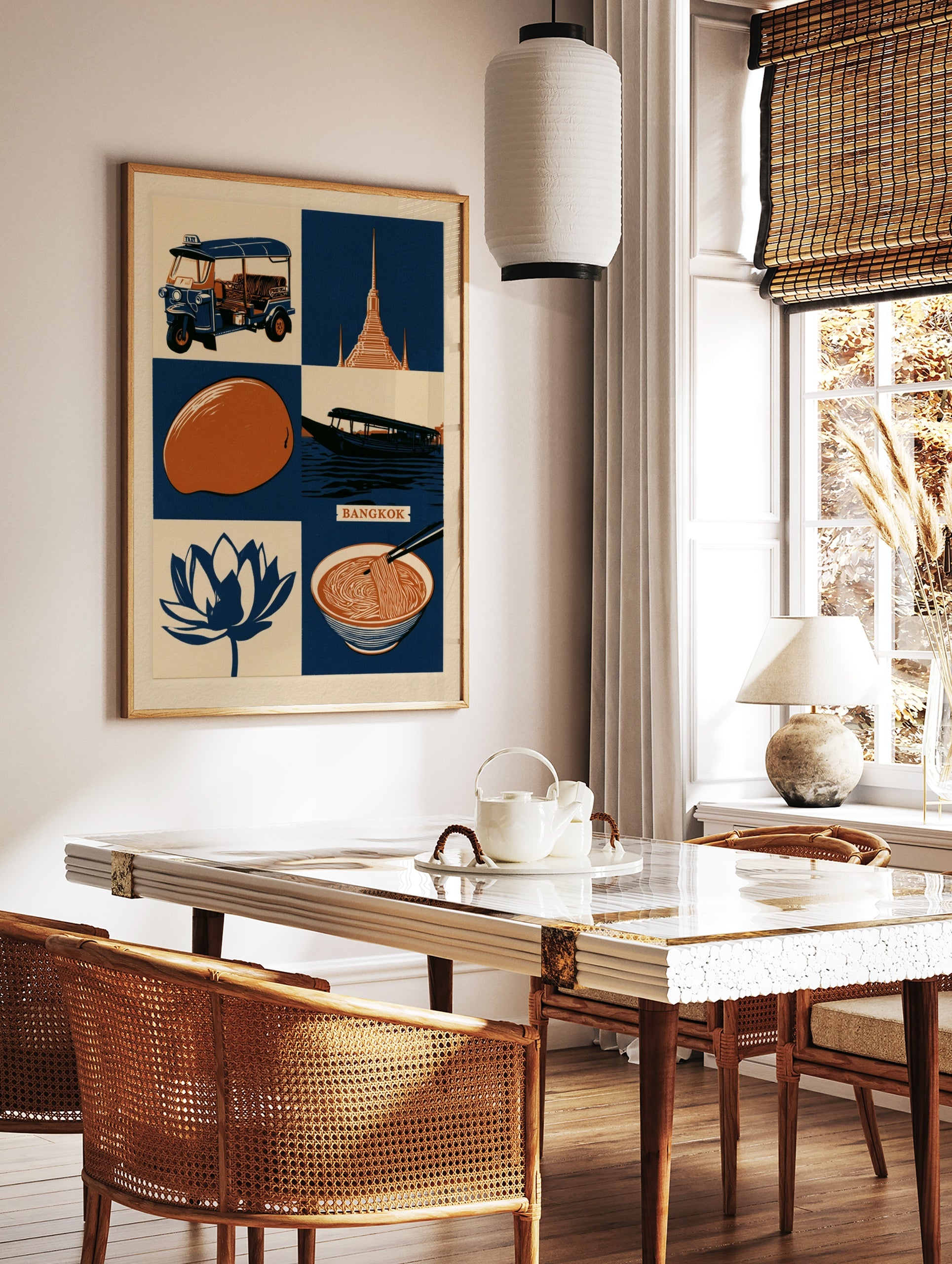 Illustrative Bangkok travel poster featuring a tuk-tuk, temple, lotus, and food icons in navy, in a styled room mockup
