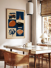Illustrative Bangkok travel poster featuring a tuk-tuk, temple, lotus, and food icons in navy, in a styled room mockup