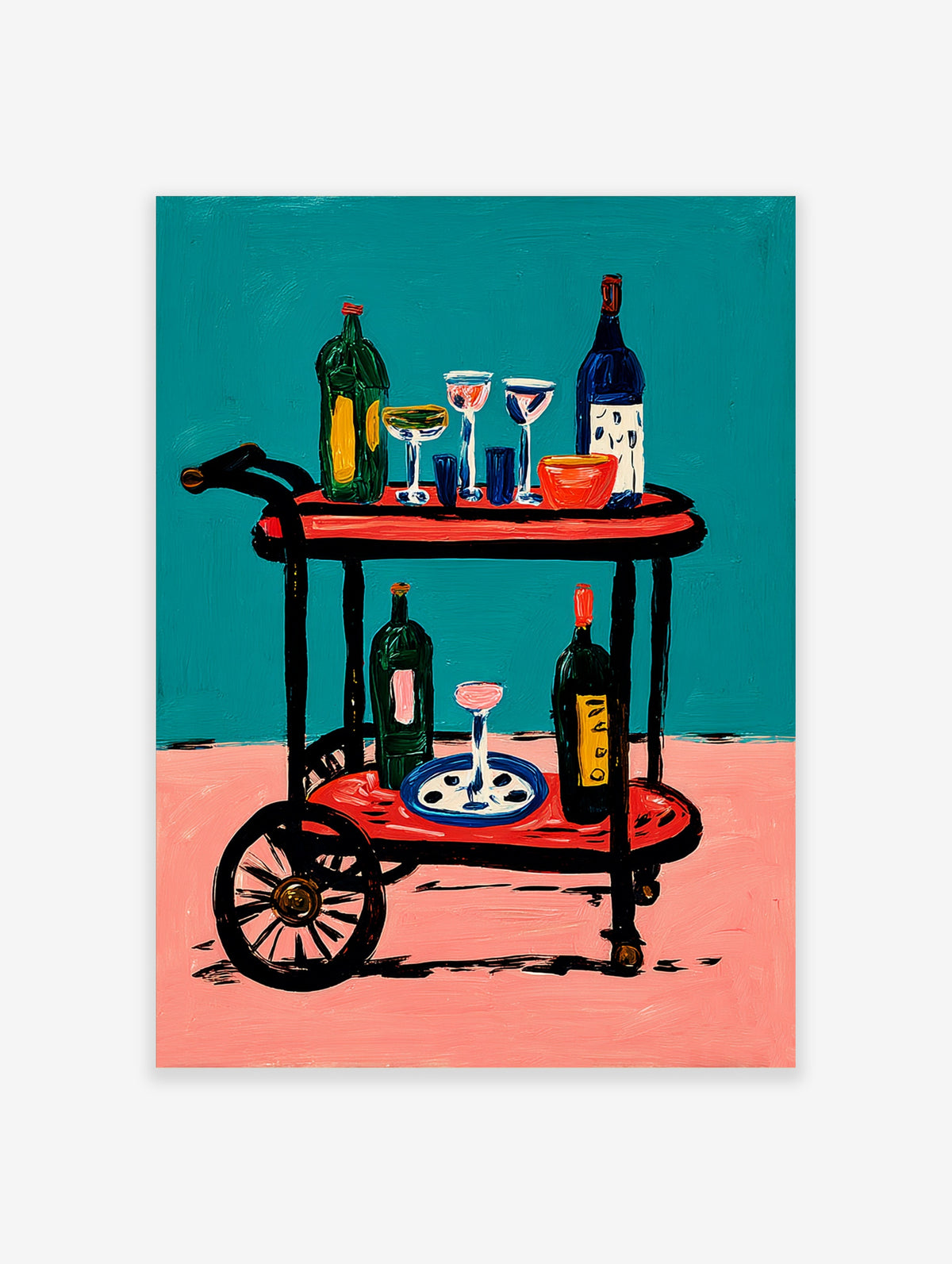 Bar cart illustration with bottles and glasses on red trays, teal background, pink floor, modern art print