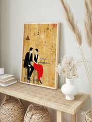 Illustrative print of a man in black suit and woman in red skirt at a bar, textured gold, in an alternate framed mockup