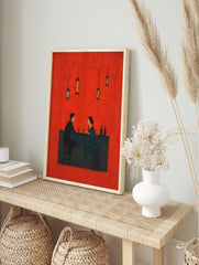 Minimalist illustrative art print of two people at a bar counter with drinks, against a red, in an alternate framed mockup
