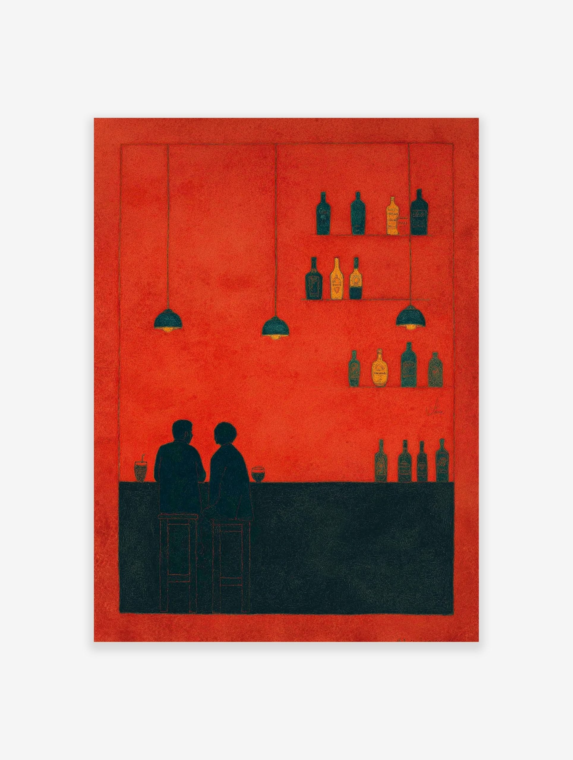 Minimalist bar scene wall art with two figures, bottles, and pendant lights against a vibrant red background