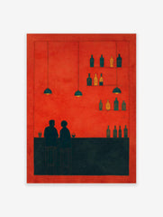 Minimalist bar scene wall art with two figures, bottles, and pendant lights against a vibrant red background