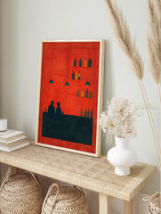 Minimalist bar scene wall art with two figures, bottles, and pendant lights against a vibrant, in an alternate framed mockup