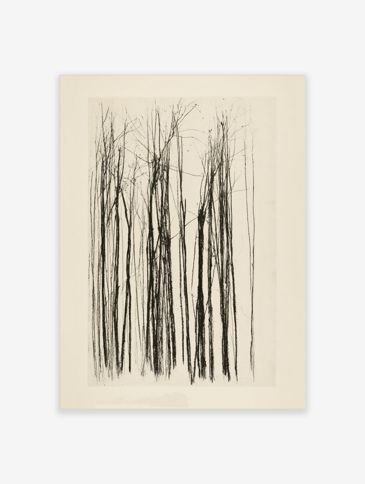 Minimalist wall art print featuring bold black vertical lines depicting bare tree trunks on a neutral cream background