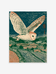 Barn owl flying over a rural landscape at night, in a Japanese woodblock art print style