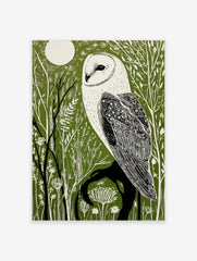 Illustrative barn owl print with white owl on a dark branch against a dark green forest and white moon