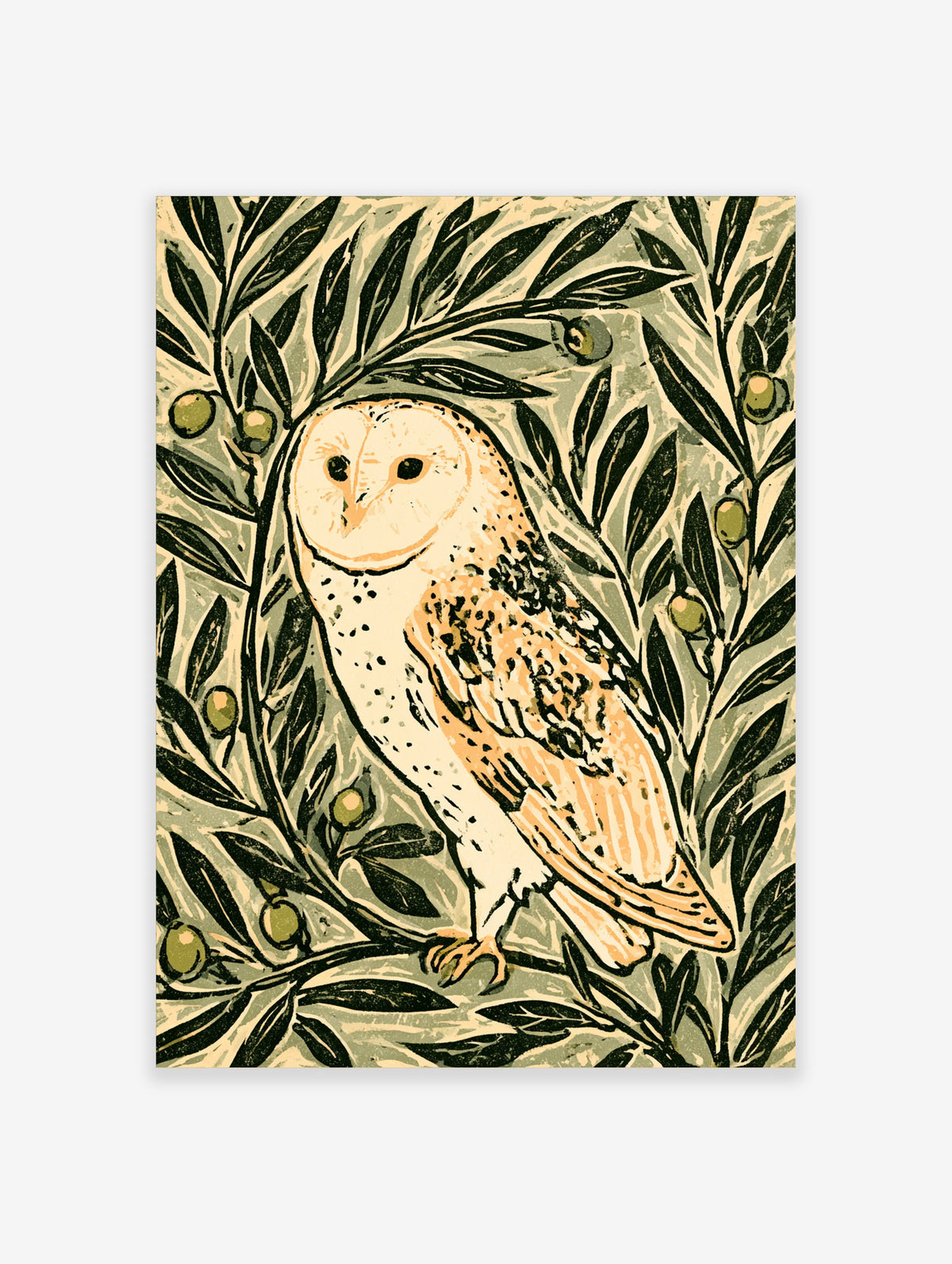 Barn owl poster with olive branches and green fruit in a block-print style