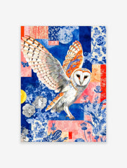 Barn owl with spread wings against a blue and coral collage background with floral patterns and butterflies