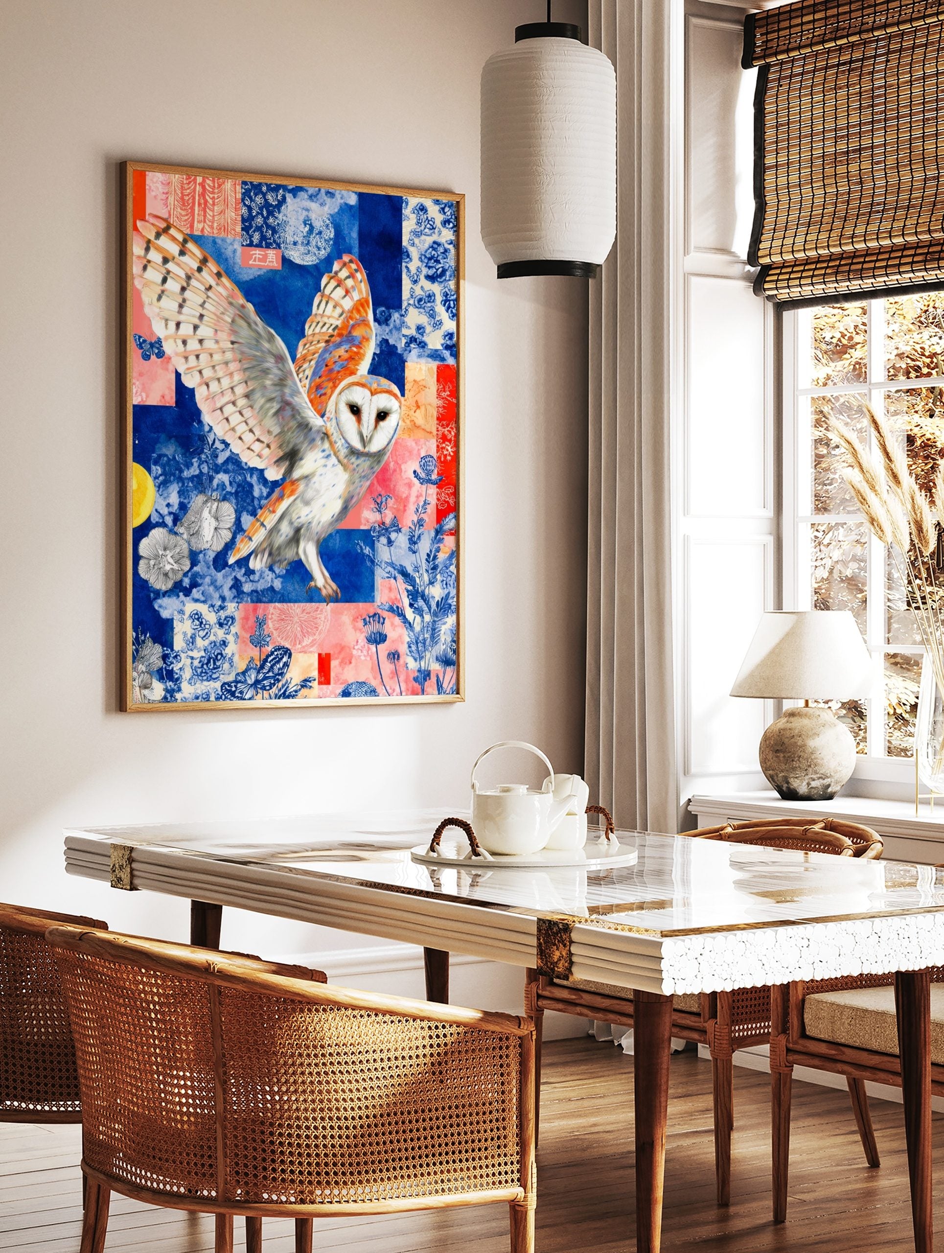 Barn owl with spread wings against a blue and coral collage background with floral patterns and, in a styled room mockup