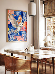 Barn owl with spread wings against a blue and coral collage background with floral patterns and, in a styled room mockup