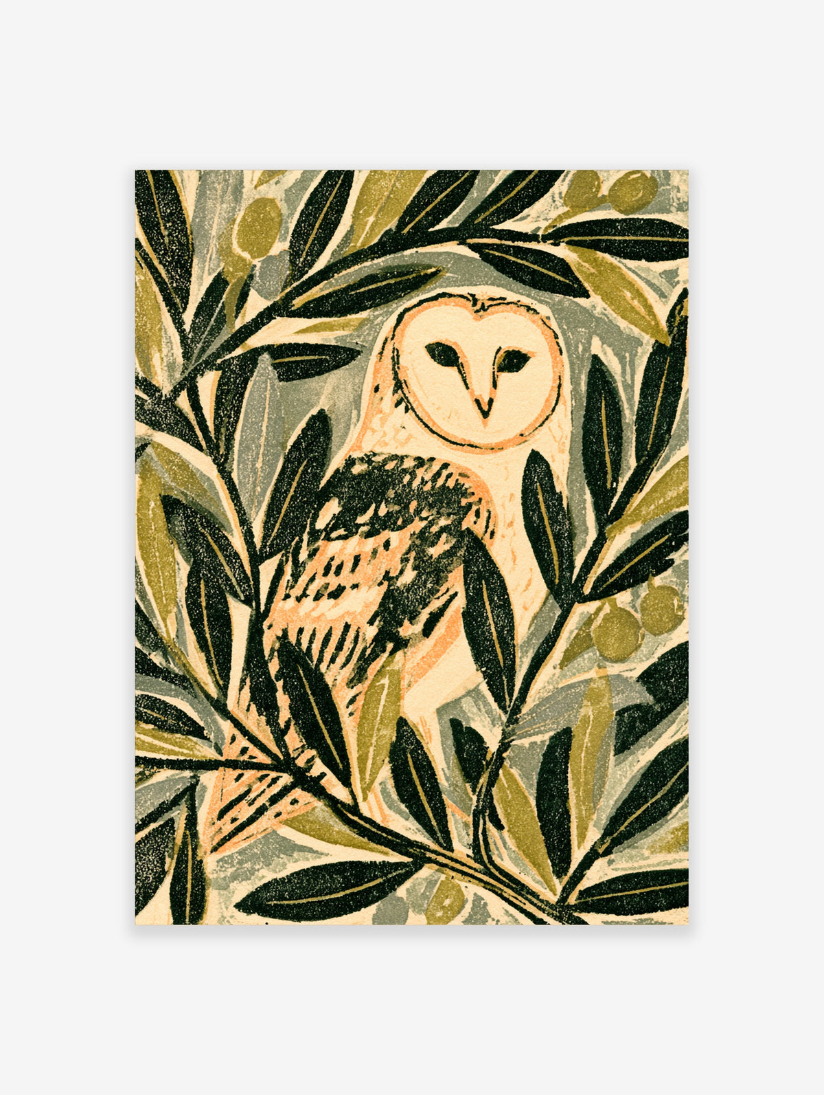 Barn owl art print with olive branches and green leaves in linocut style