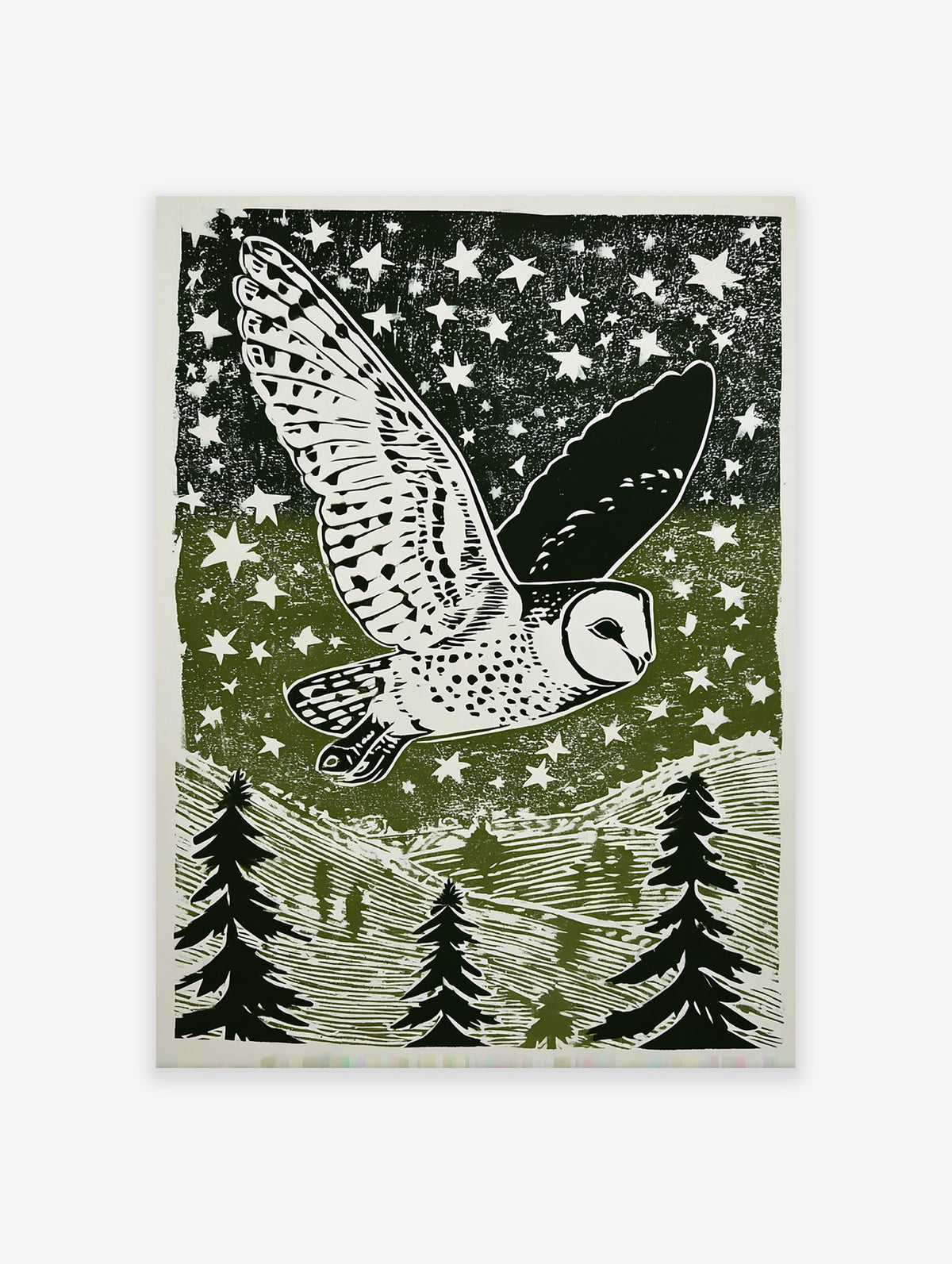 Barn owl flying across a starry night sky above a forest of pine trees, in a green and white linocut style print.