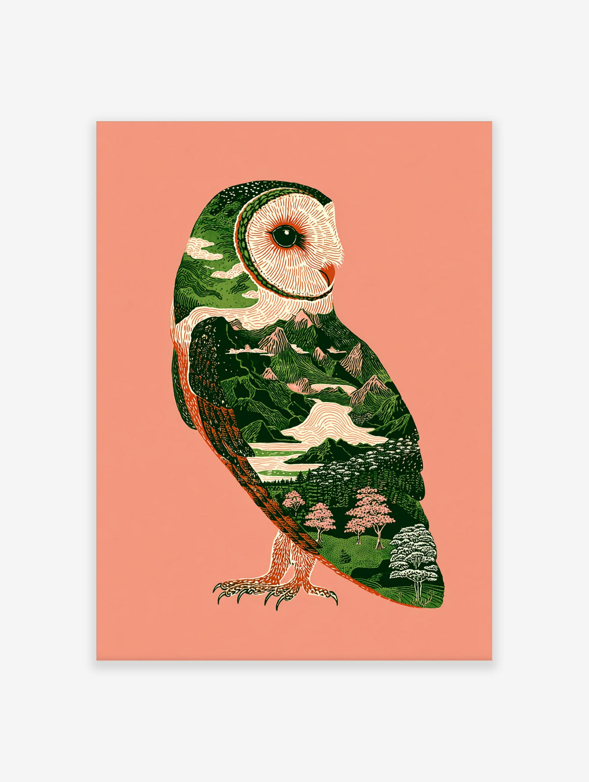 Barn owl illustration art print with green mountain landscape inside its silhouette on coral background