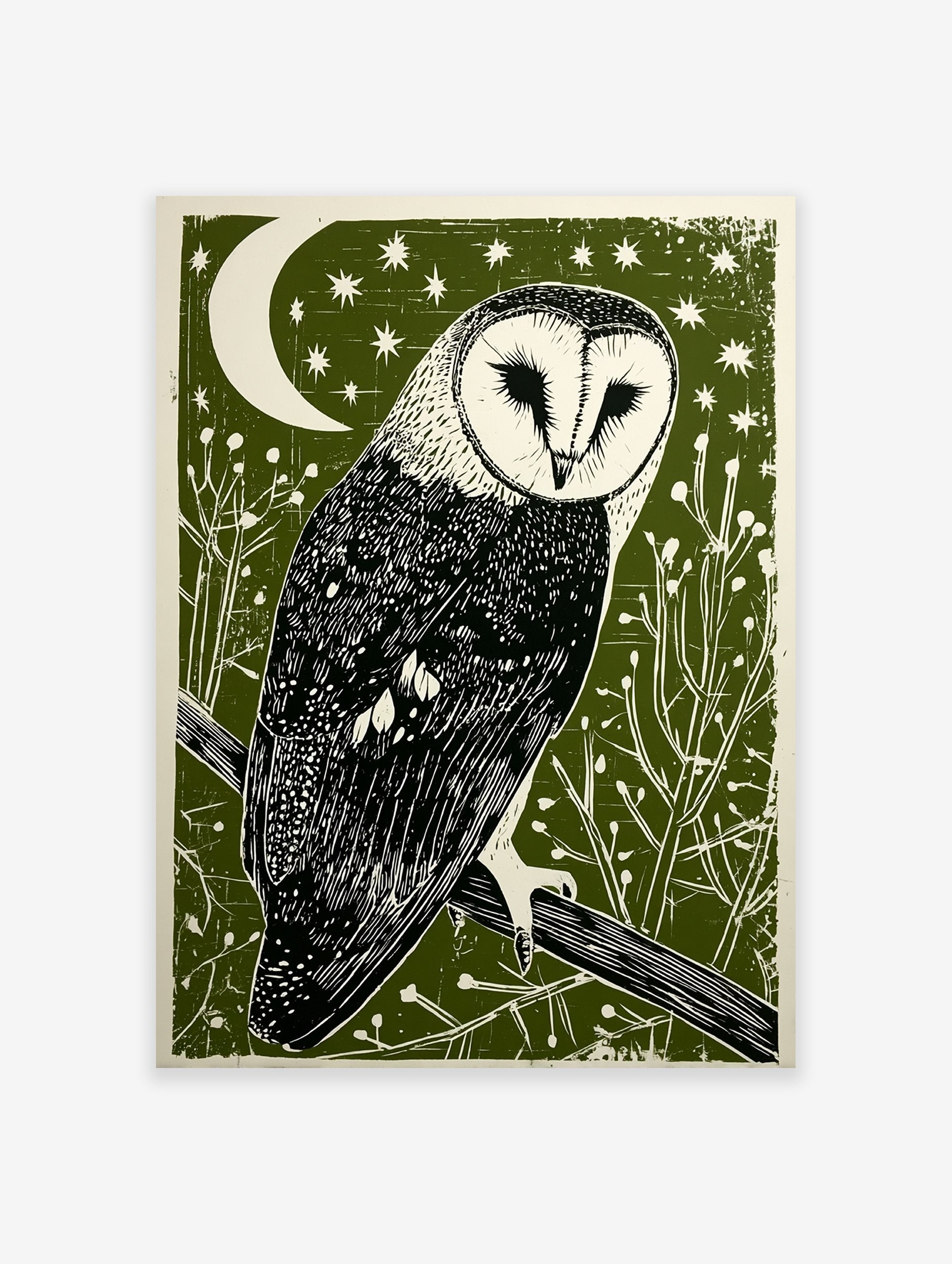 Barn owl linocut print on a dark green background with a white crescent moon, stars, and foliage.