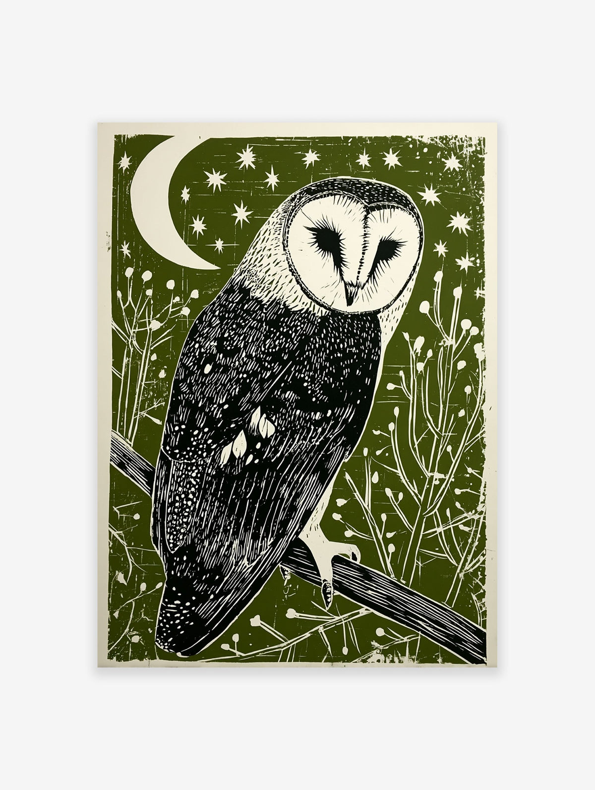 Barn owl linocut print on a dark green background with a white crescent moon, stars, and foliage.