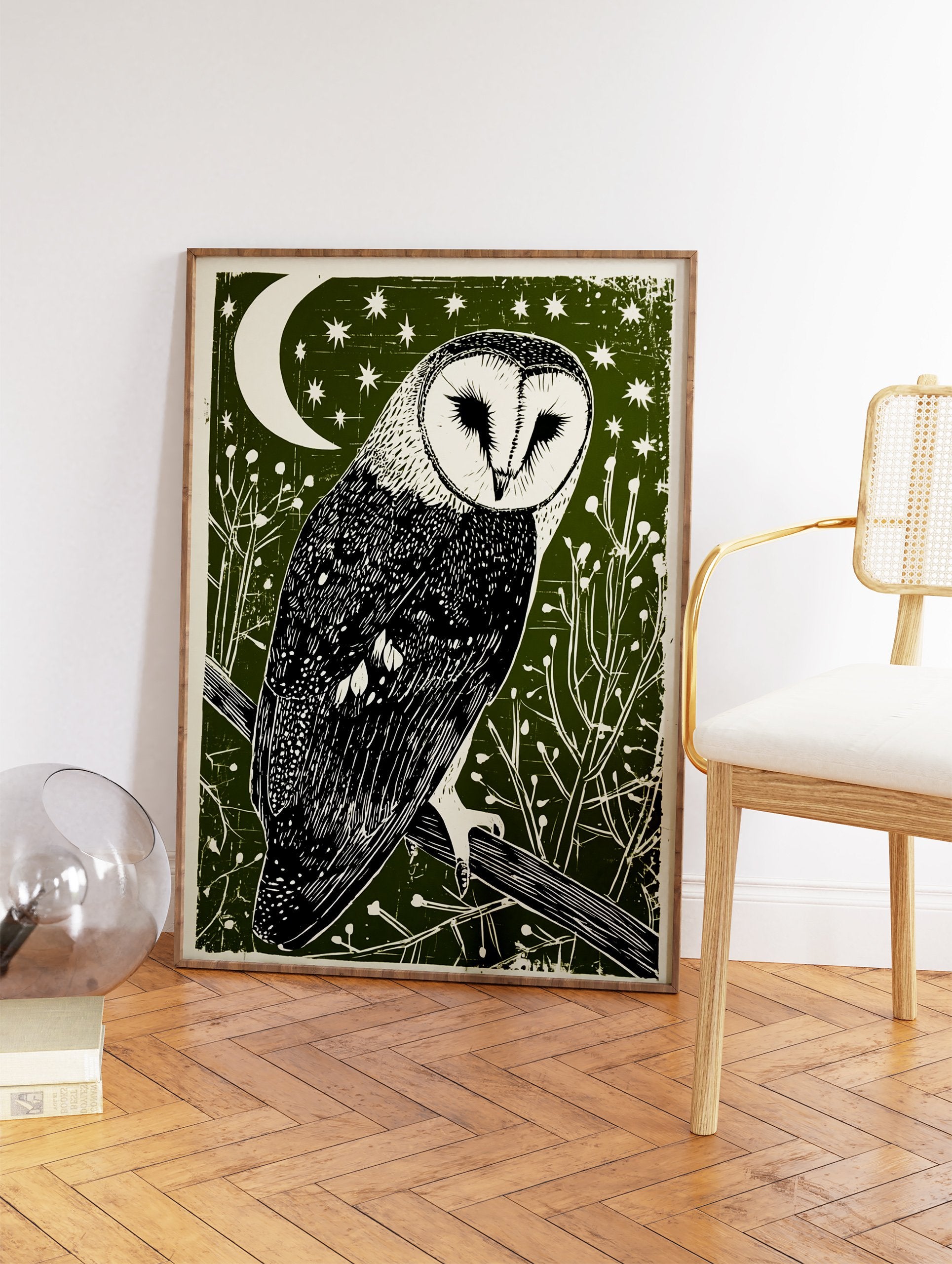 Barn owl linocut print on a dark green background with a white crescent moon, stars, and foliage. - Image 2