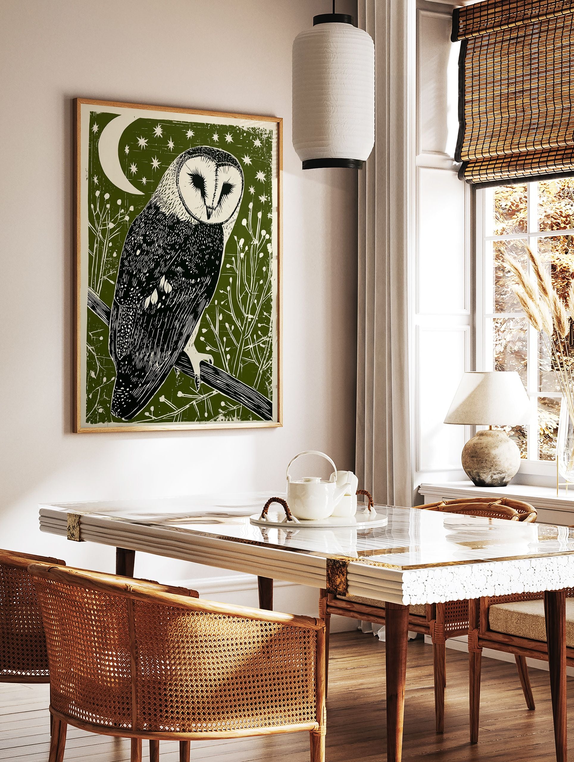 Barn owl linocut print on a dark green background with a white crescent moon, stars, and foliage. - Image 3
