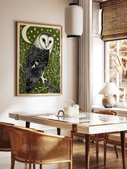 Barn owl linocut print on a dark green background with a white crescent moon, stars, and foliage. - Image 3