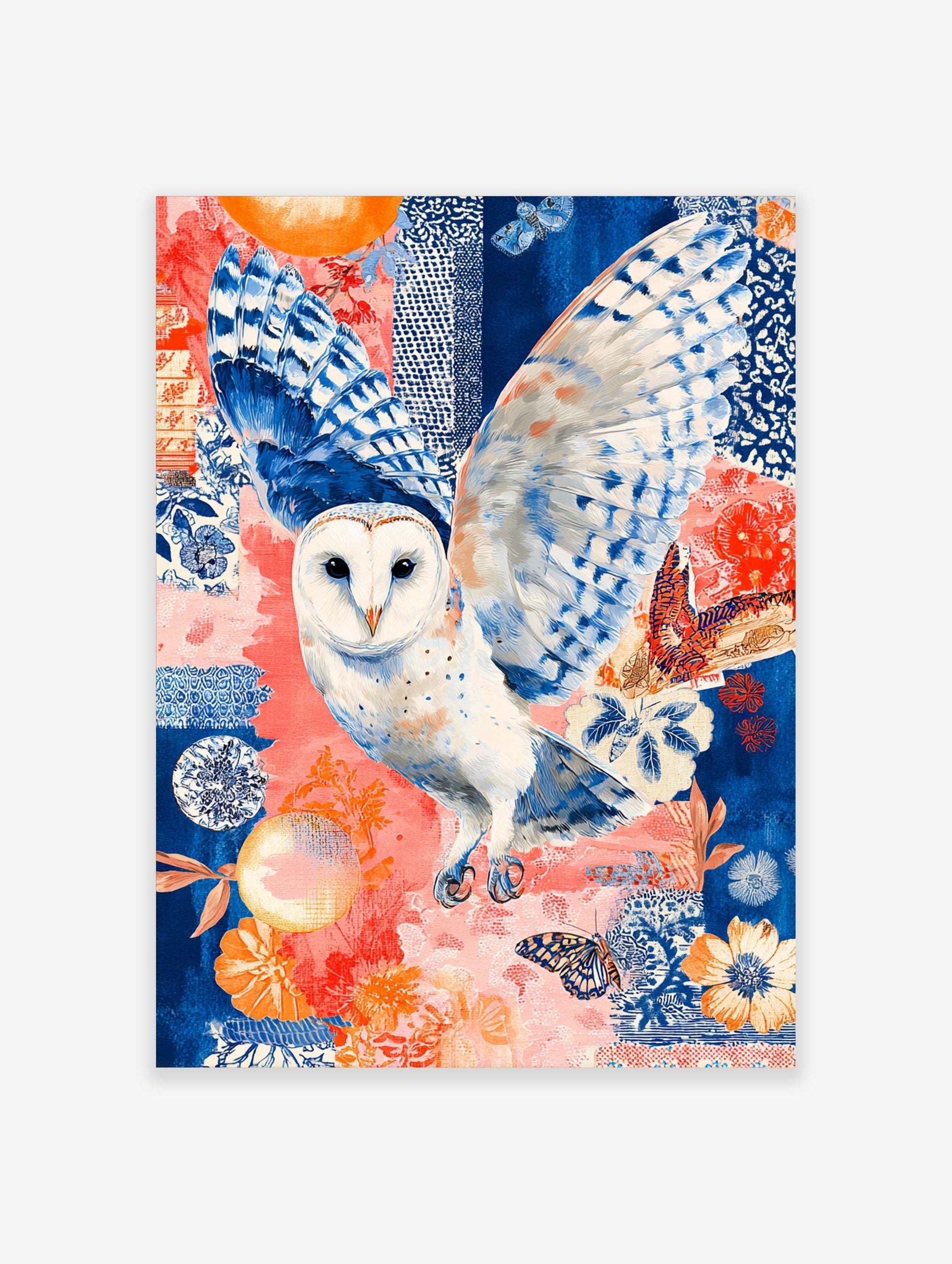 Illustrative barn owl in flight with blue and white wings against a coral and blue patterned background