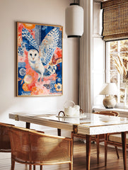 Illustrative barn owl in flight with blue and white wings against a coral and blue patterned, in a styled room mockup
