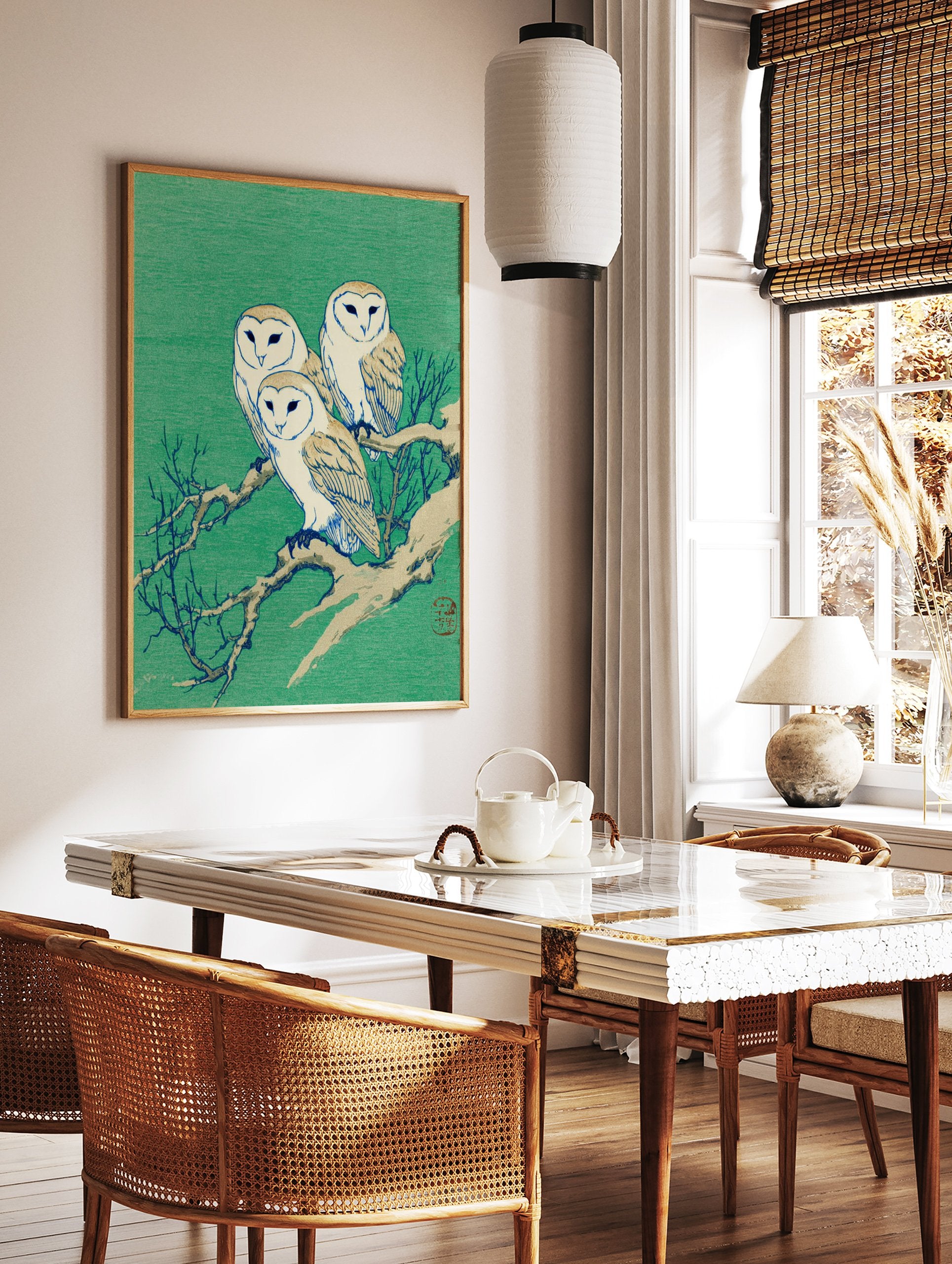 Three barn owls perched on a bare branch against a green background in a Japanese illustration style. - Image 2