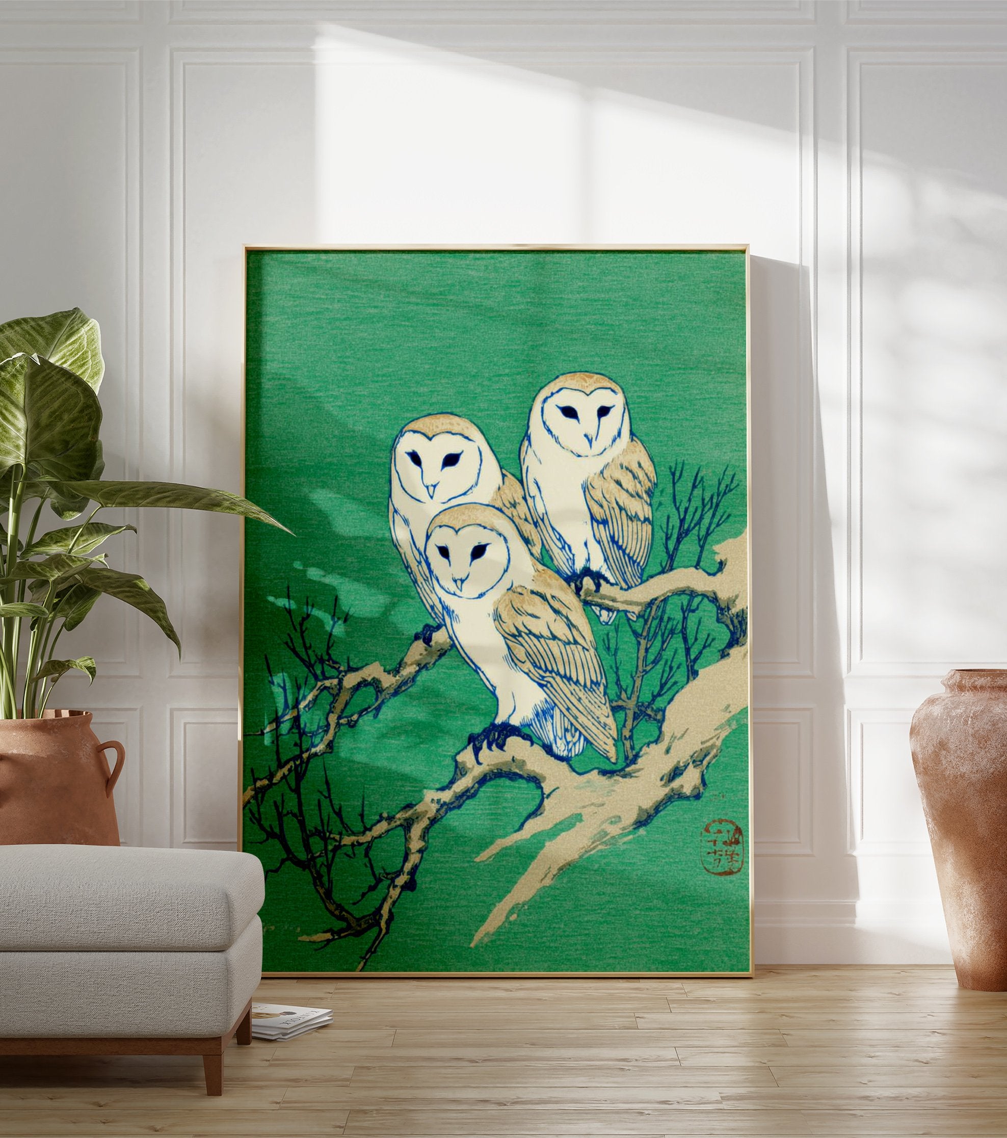 Three barn owls perched on a bare branch against a green background in a Japanese illustration style. - Image 3