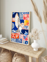 Barn owl in flight over a colourful collage background with blue Japanese patterns, red, in an alternate framed mockup