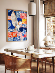 Barn owl in flight over a colourful collage background with blue Japanese patterns, red flowers, in a styled room mockup