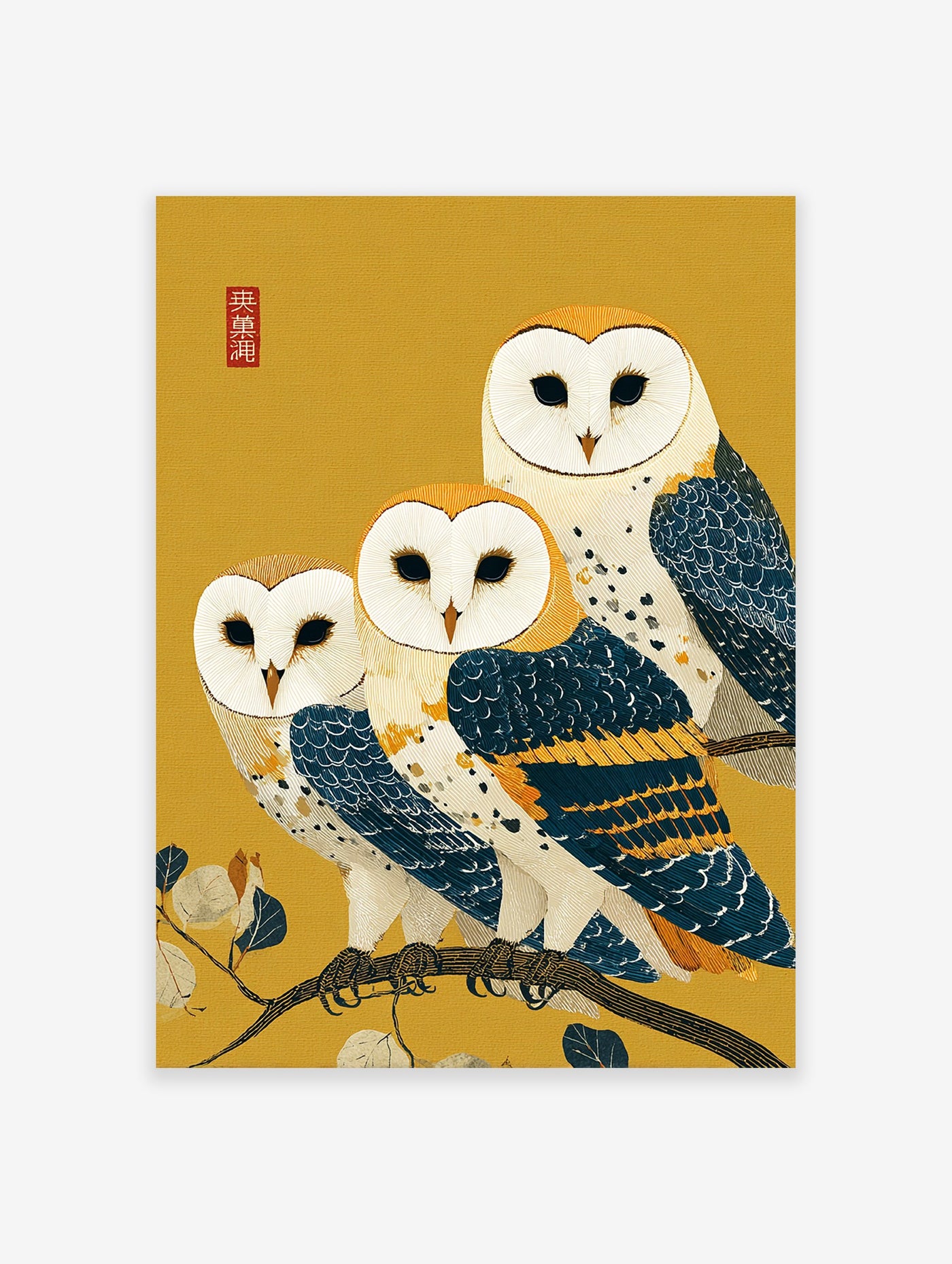Three barn owls with white faces and blue-gold feathers perched on a branch on a golden background in Japanese art style.
