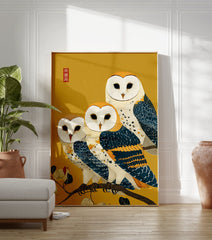 Three barn owls with white faces and blue-gold feathers perched on a branch on a golden background in Japanese art style. - Image 3