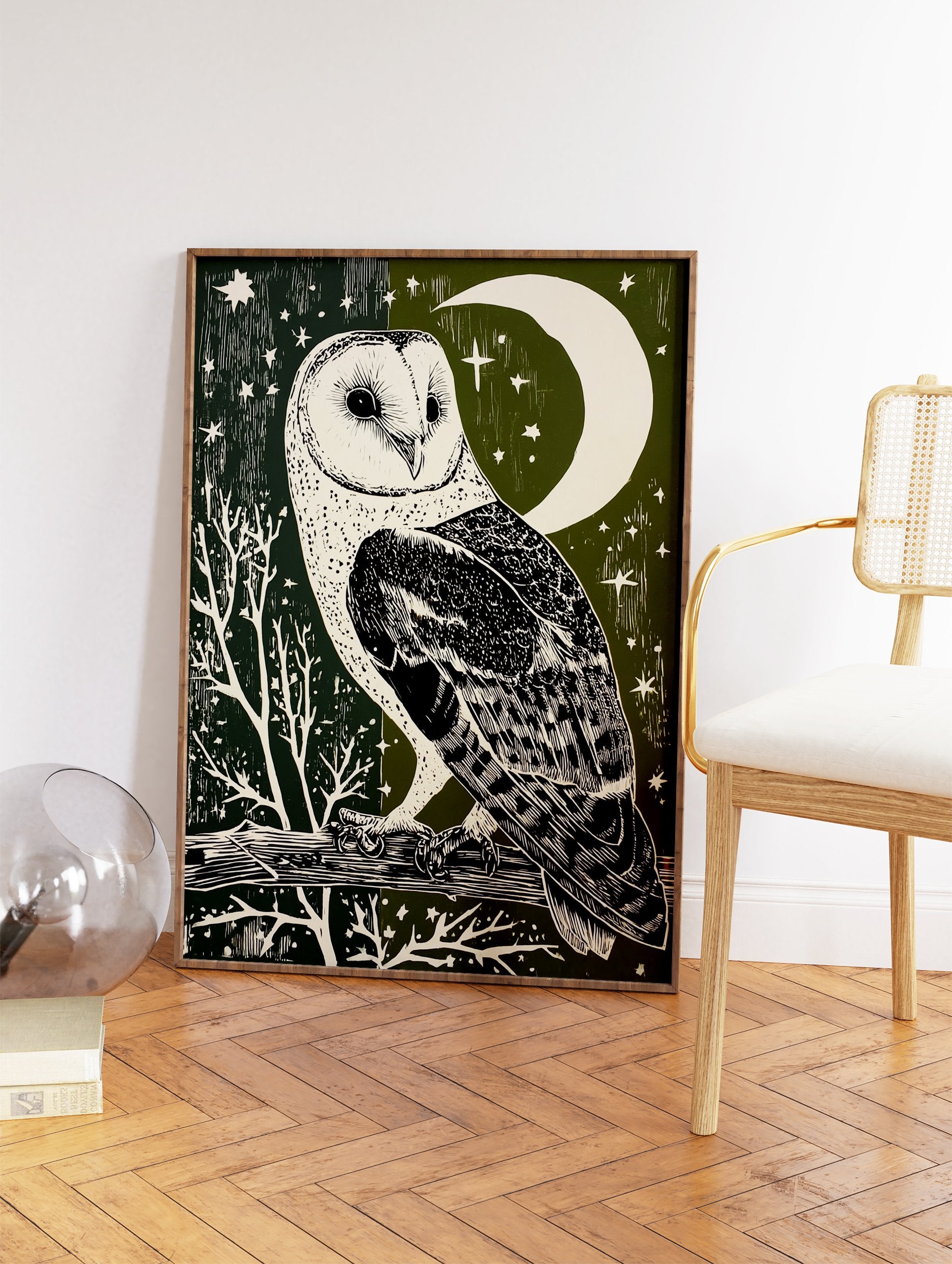 Barn owl illustration art print with a crescent moon and stars on a dark green and olive green background. - Image 2