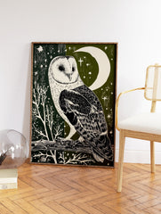 Barn owl illustration art print with a crescent moon and stars on a dark green and olive green background. - Image 2