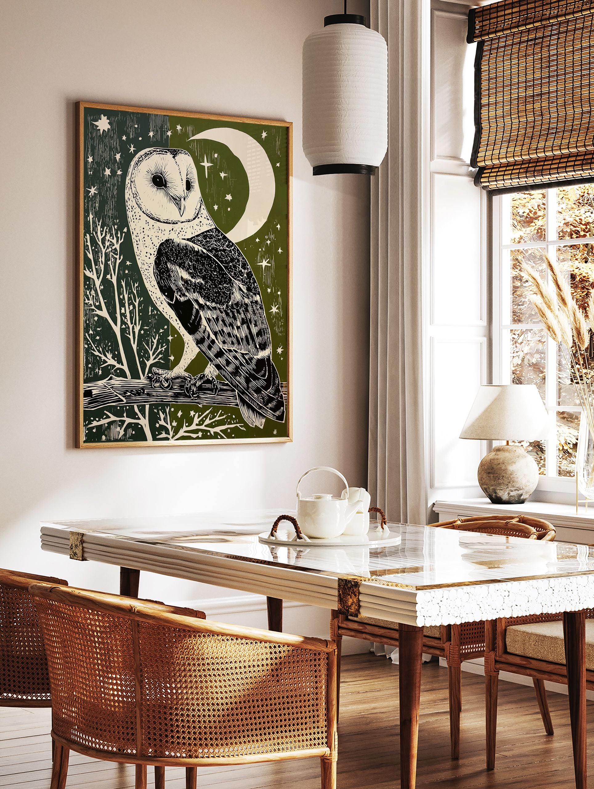 Barn owl illustration art print with a crescent moon and stars on a dark green and olive green background. - Image 3