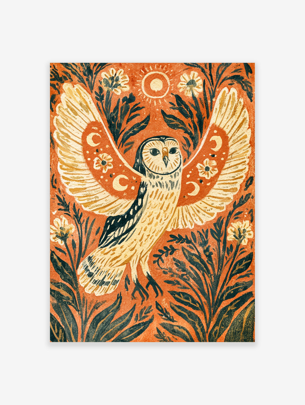 Barn owl with spread wings, crescent moons and sunflowers on rust orange background art print