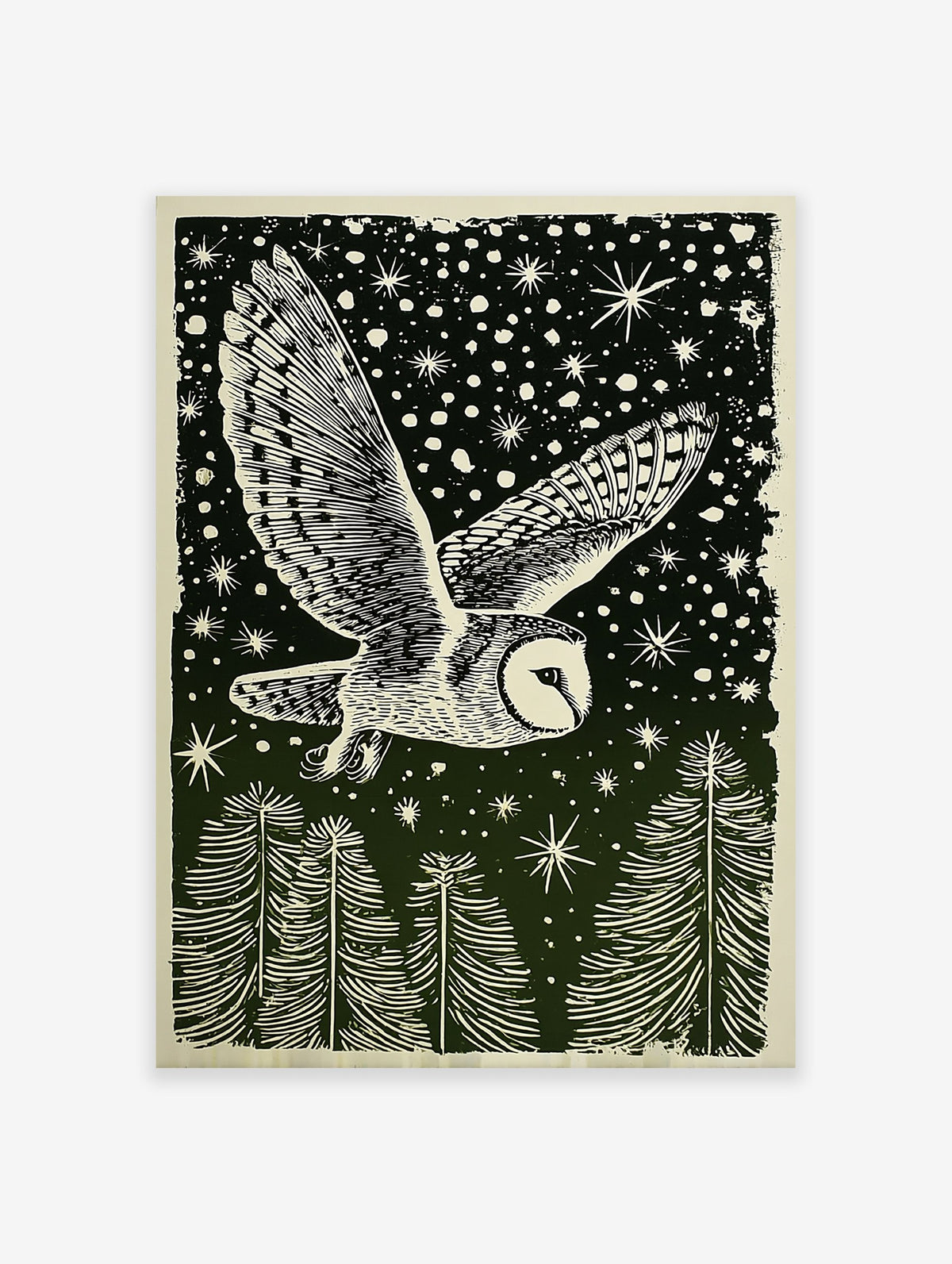Barn owl flying at night over pine trees under a starry sky, depicted in a dark green and cream woodcut style art print.