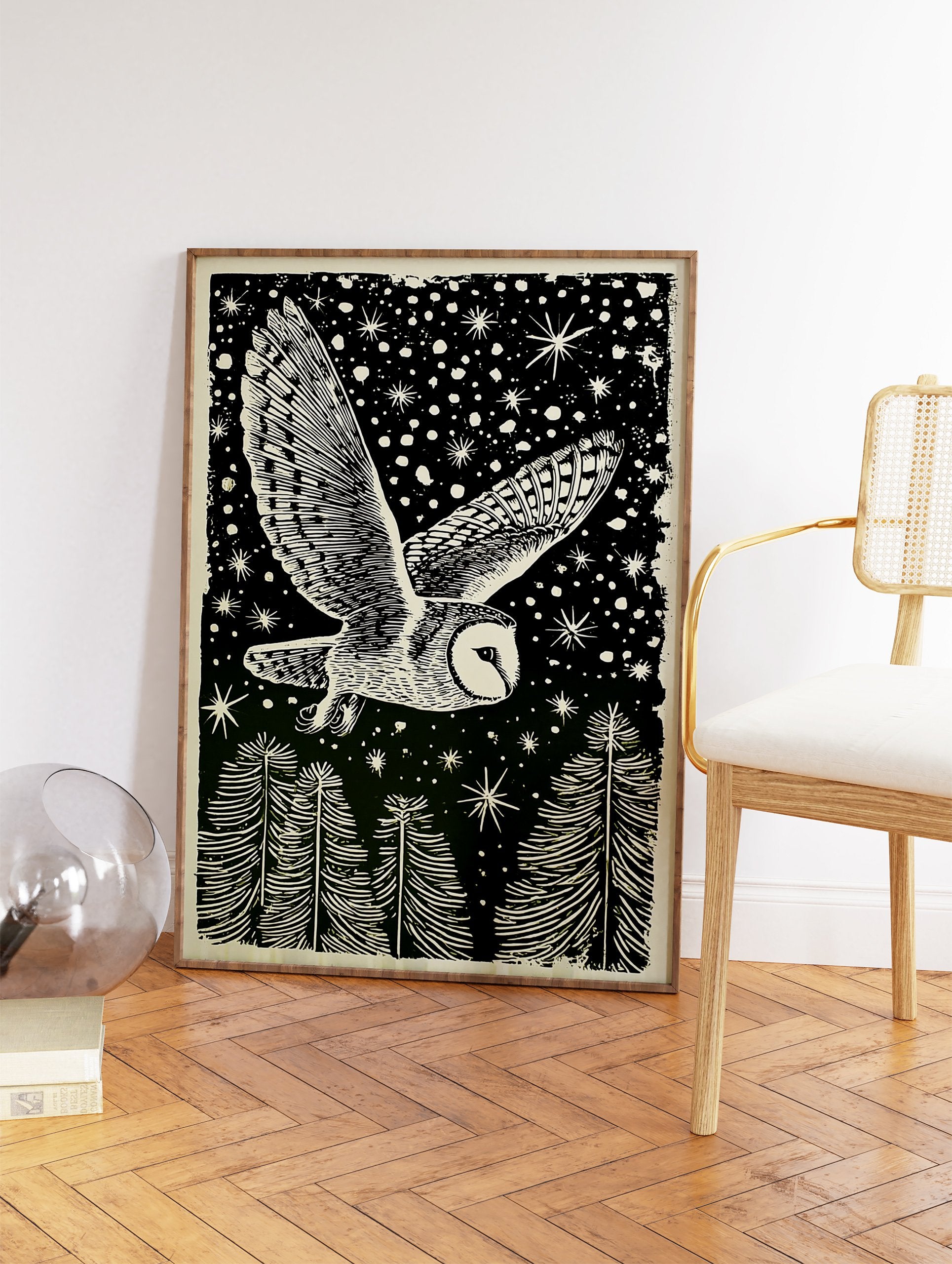 Barn owl flying at night over pine trees under a starry sky, depicted in a dark green and cream woodcut style art print. - Image 2