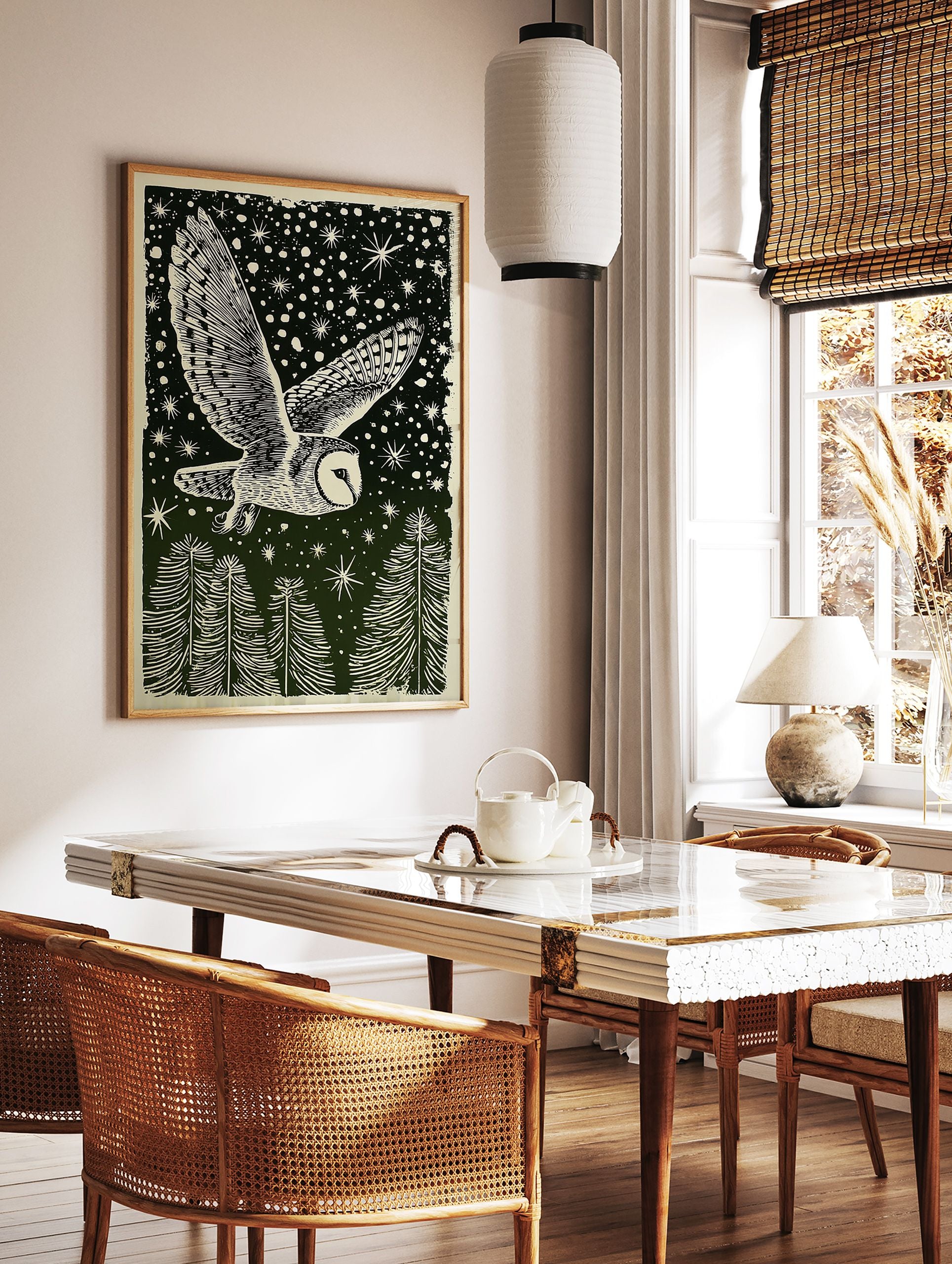 Barn owl flying at night over pine trees under a starry sky, depicted in a dark green and cream woodcut style art print. - Image 3