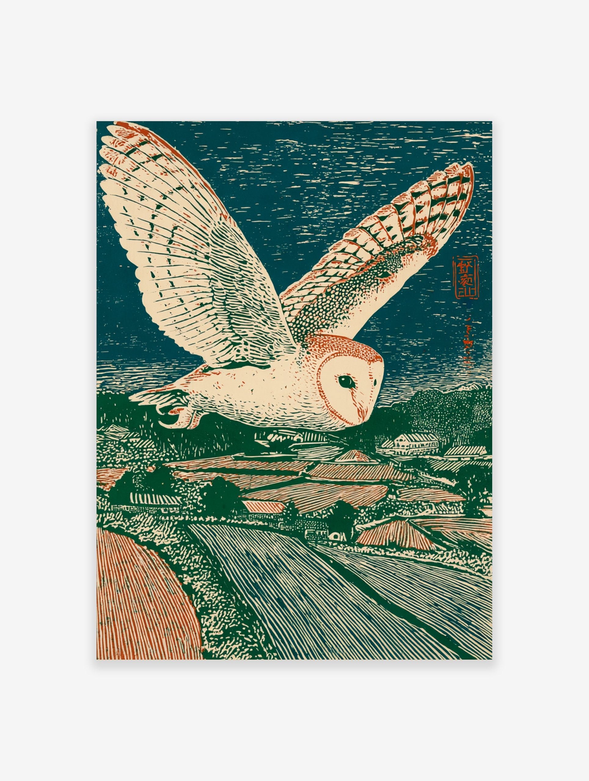 Japanese woodblock print of a barn owl flying over a green and red rural landscape under a dark blue sky