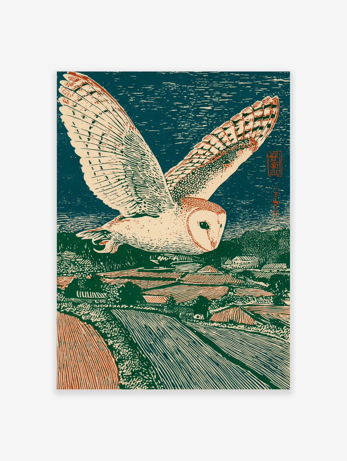 Japanese woodblock print of a barn owl flying over a green and red rural landscape under a dark blue sky