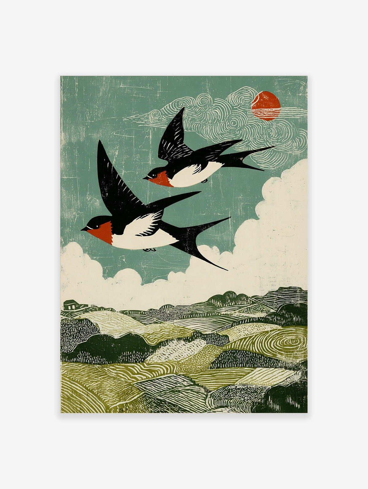 Two barn swallows flying over green hills under a teal sky with white clouds and red sun in woodcut style