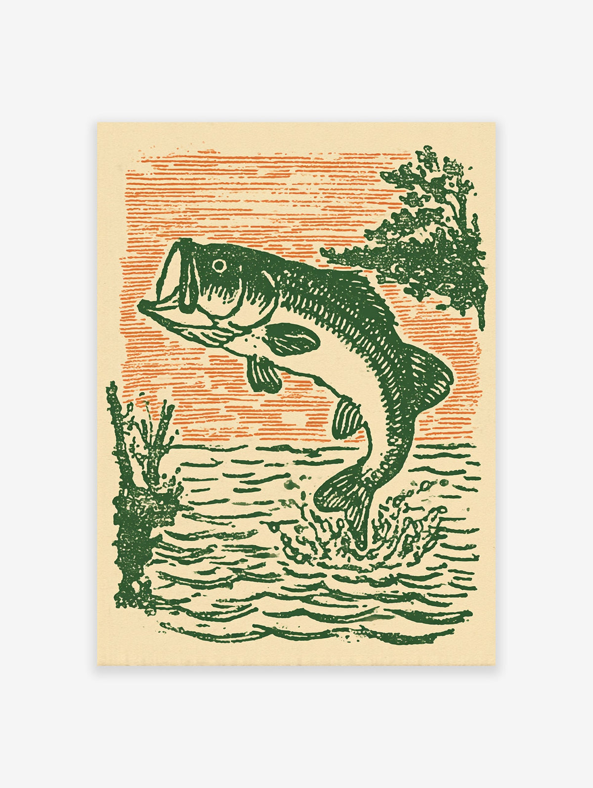 Vintage style illustration of a green bass fish jumping out of water with orange sky background, a fishing wall art print.