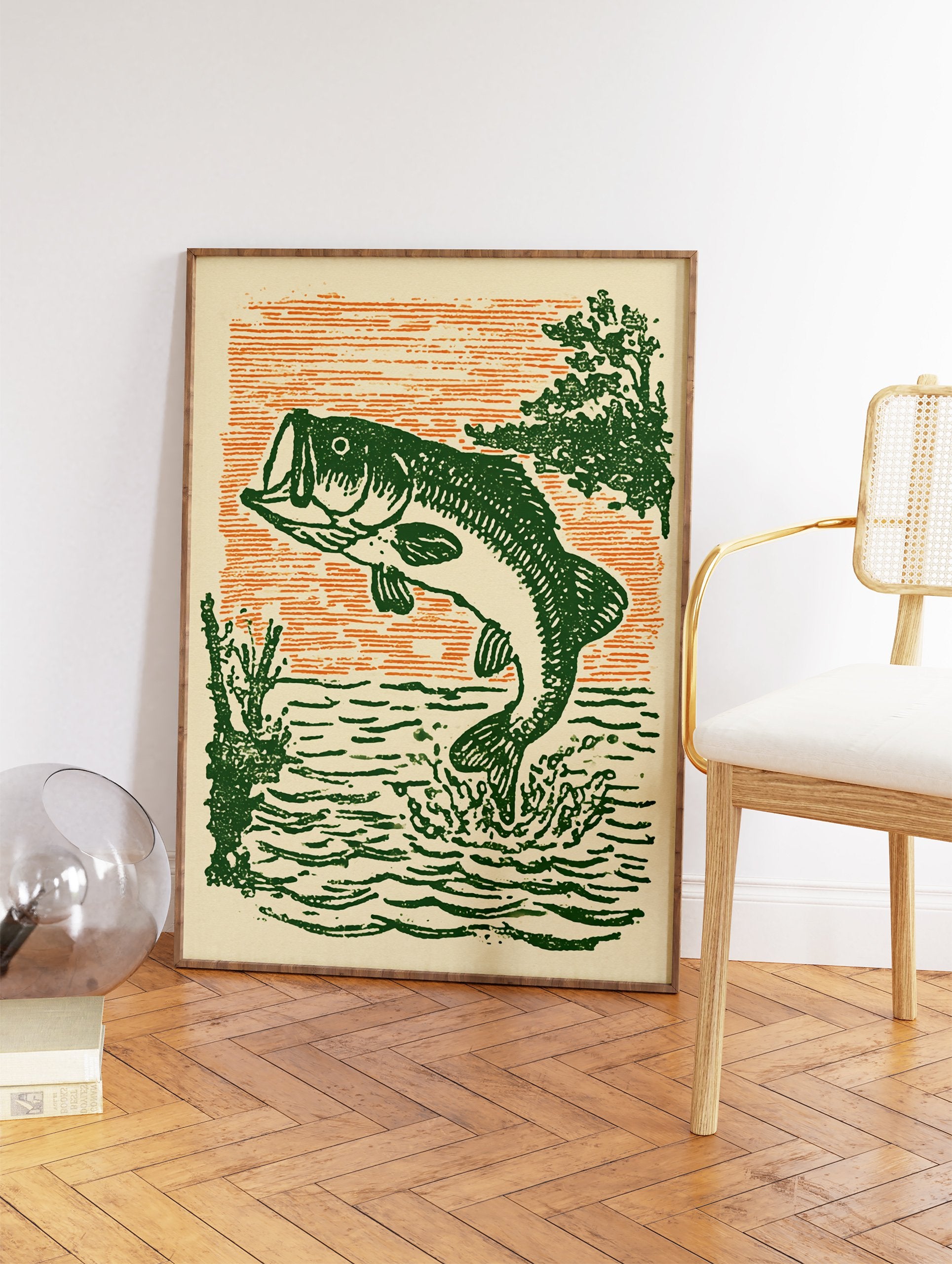 Vintage style illustration of a green bass fish jumping out of water with orange sky background, a fishing wall art print. - Image 2