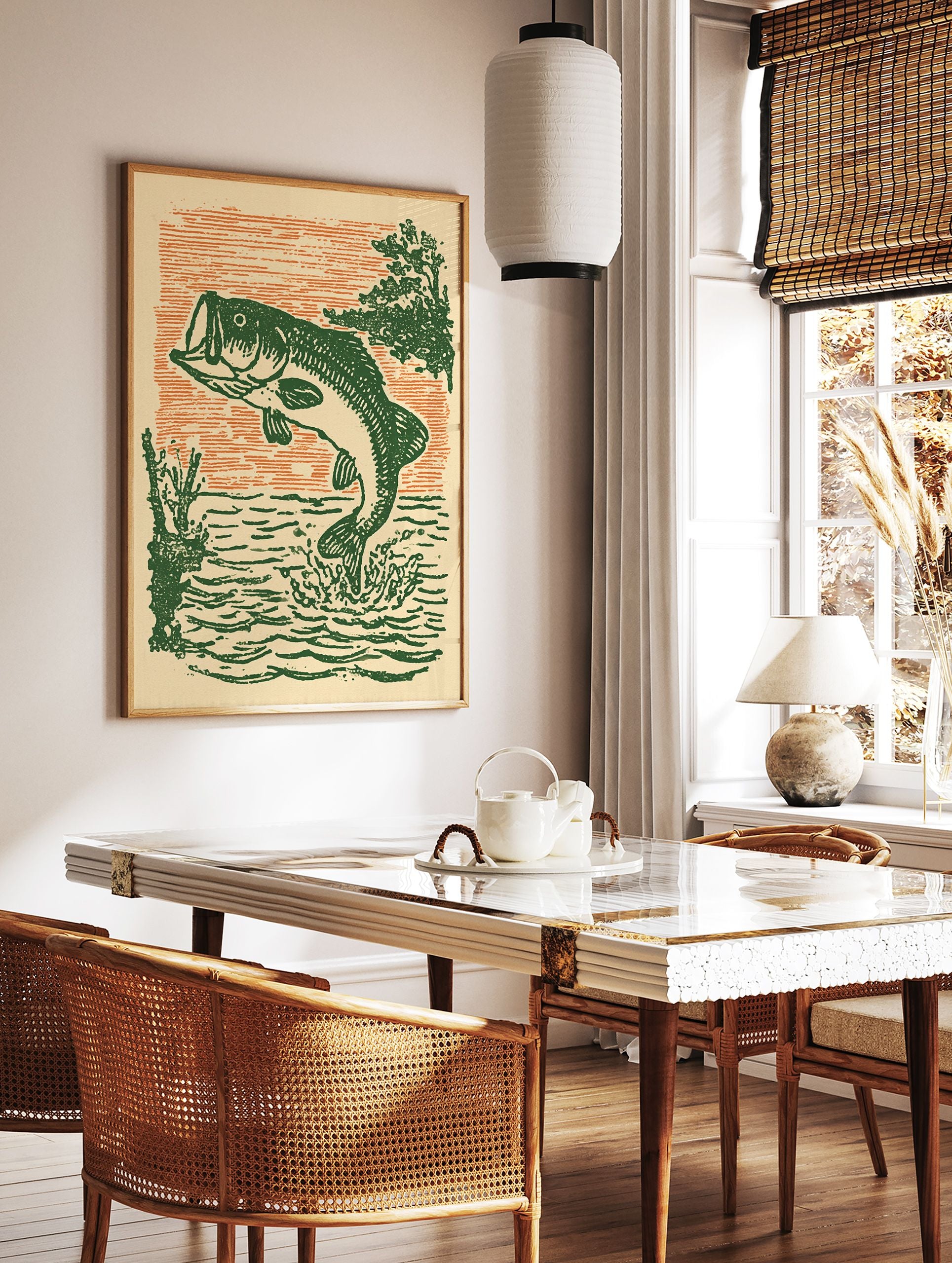 Vintage style illustration of a green bass fish jumping out of water with orange sky background, a fishing wall art print. - Image 3