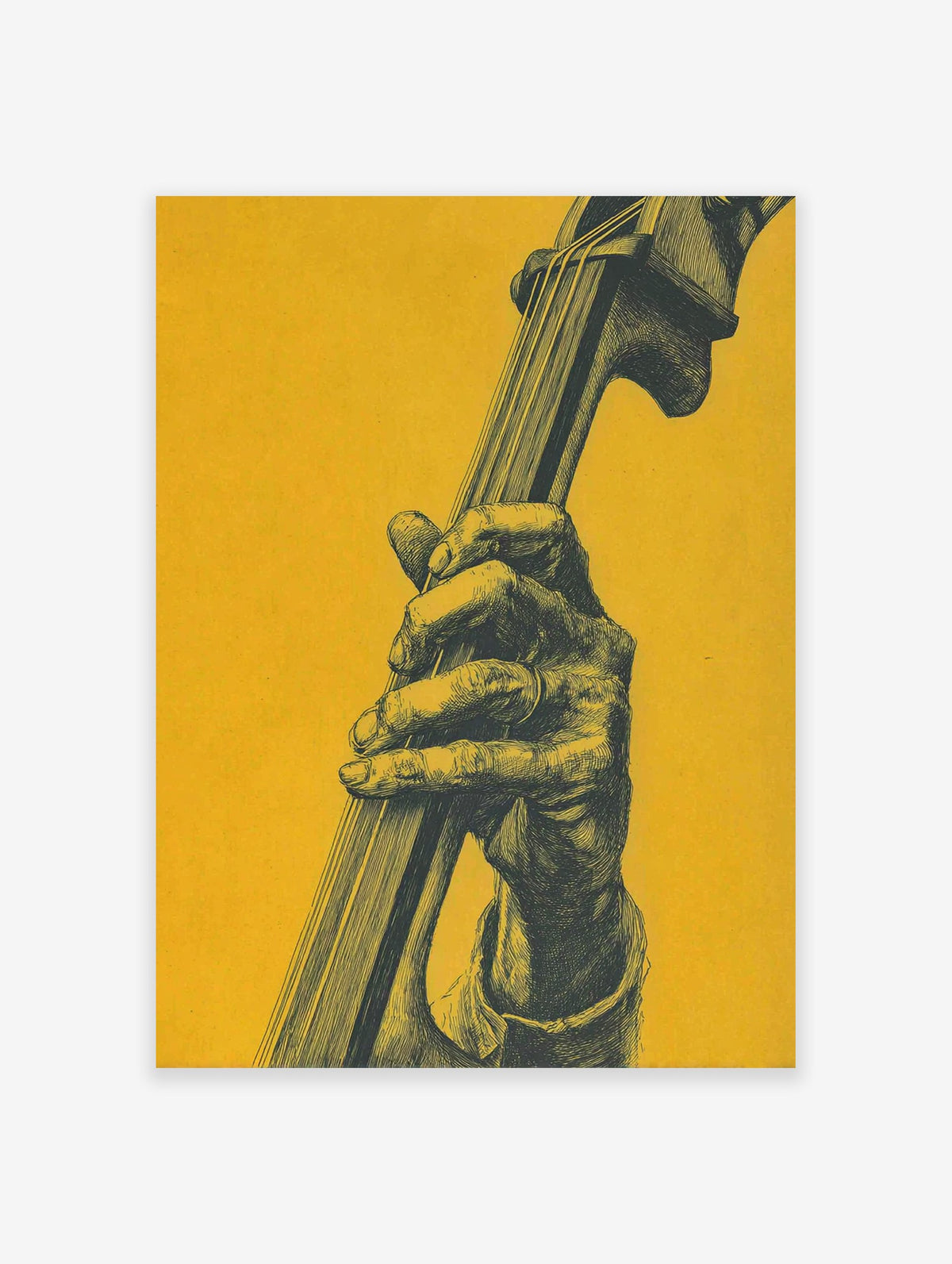 Detailed illustration of a hand playing an upright bass against a vibrant yellow background. Music poster art.
